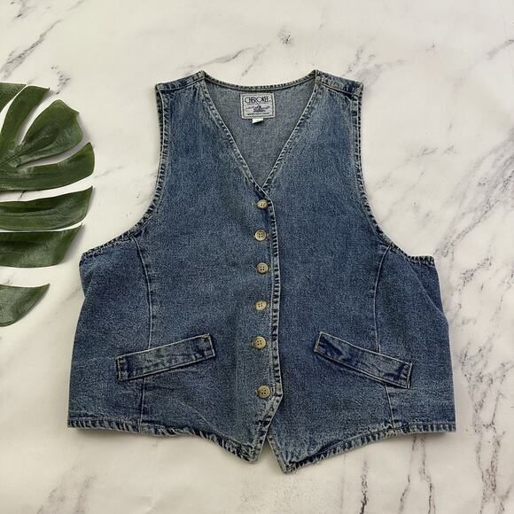 Cherokee Womens Vintage Denim Vest Size M Stonewash Jean 90s Tie Back Buttons - Picture 1 of 10